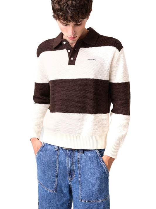 Guess Jeans Gj Ls Striped Polo Swtr - Maglieria Uomo - Marrone/Beige