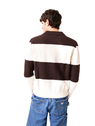 Guess Jeans Gj Ls Striped Polo Swtr - Maglieria Uomo - Marrone/Beige