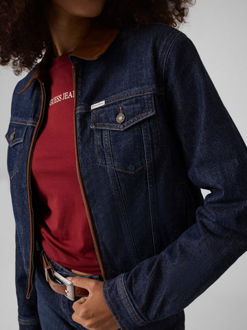 Guess Jeans Gj Boxy Padded Zip Trucker - Capospalla Donna - Gj Dark Suede Detail
