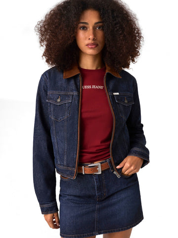 Guess Jeans Gj Boxy Padded Zip Trucker - Capospalla Donna - Gj Dark Suede Detail