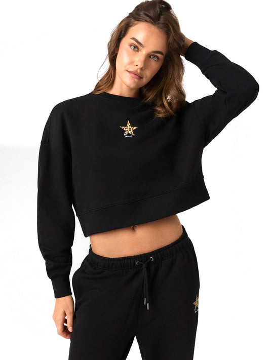 Guess Jeans Gj Crop Drop Shoulder Leopard - Felpe Donna - Nero
