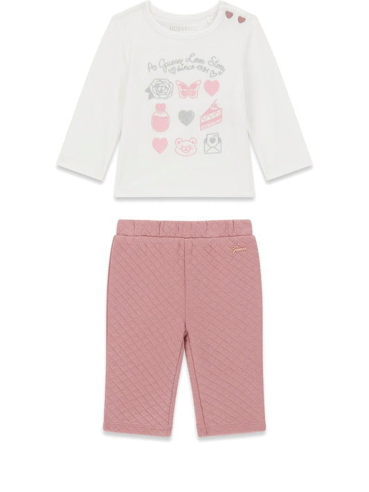 Guess Kids Set Ls T-Shirt+Active Pants - Completo Bambina - Bianco/Rosa