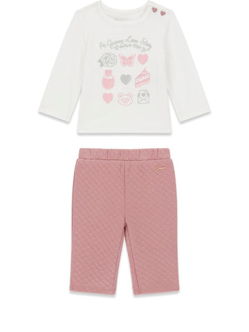 Guess Kids Set Ls T-Shirt+Active Pants - Completo Bambina - Bianco/Rosa