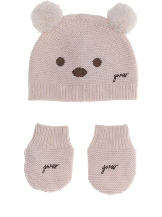 Guess Kids Set Hat With Pom Pom + Mitten - Completo Bambino - Panna