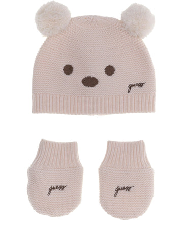 Guess Kids Set Hat With Pom Pom + Mitten - Completo Bambino - Panna