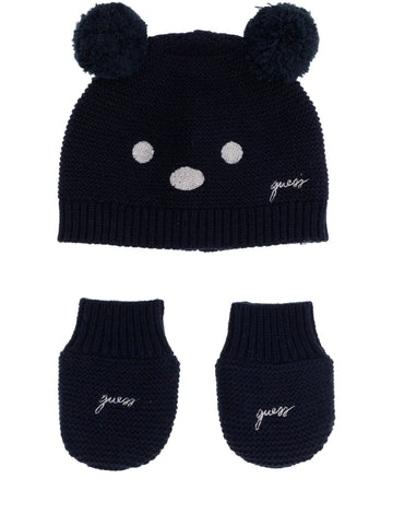 Guess Kids Set Hat With Pom Pom + Mitten - Completo Bambino - Blu