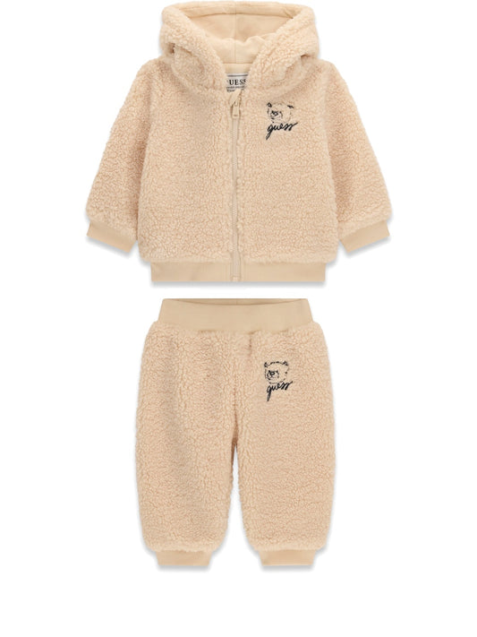 Guess Kids Set Faux Fur Hooded Ls Active - Completo Bambino - Panna