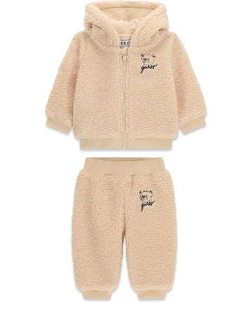 Guess Kids Set Faux Fur Hooded Ls Active - Completo Bambino - Panna
