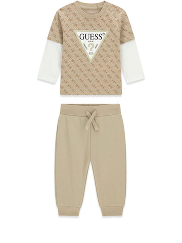 Guess Kids Set Ls T-shirt+active Pants - Completo Bambino - Beige