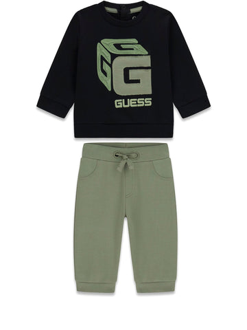 Guess Kids Set Fleece Ls Active Top + Ac - Completo Bambino - Nero/Verde