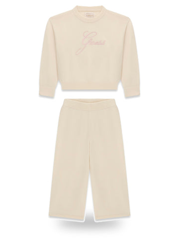 Guess Kids Set Hooded Ls Sweater Top+Sw - Pantaloni Bambina - Cream White