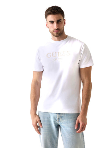 Guess Cn Ss Guess Logo Embroidery Te - T-Shirt Uomo - Bianco