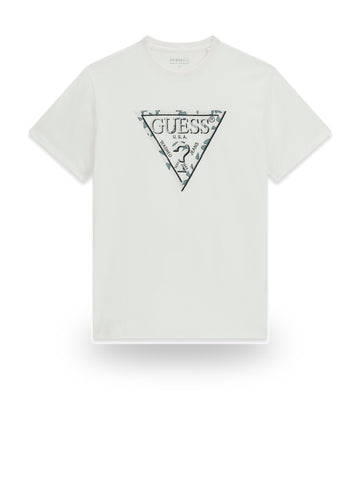 Guess Cn Ss Triangle Leaves Embroide - T-Shirt Uomo - Bianco