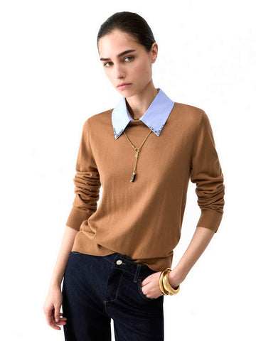 Liu-Jo White Maglia Chiusa Colletto Popelin - Maglieria Donna - Marrone