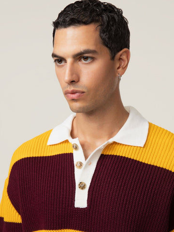 SuperCulture Polo Rigata Tre Bottoni - T-Shirt Uomo - Giallo/Bordeaux