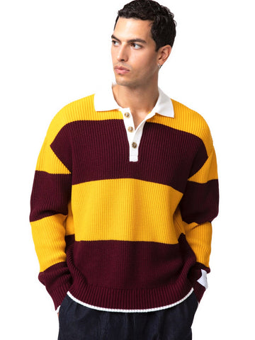 SuperCulture Polo Rigata Tre Bottoni - T-Shirt Uomo - Giallo/Bordeaux