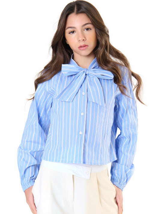 ToBeToo Camicia Riga Con Fiocco Ragazza - Camicie Bambina - Celeste