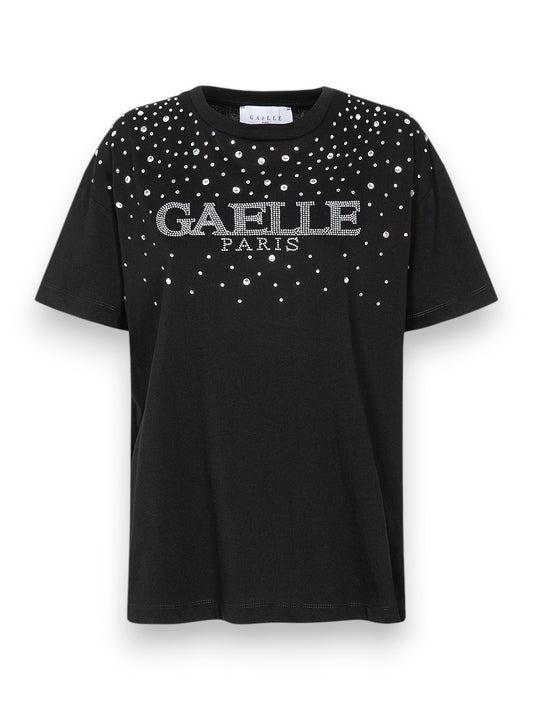 Gaelle T-Shirt Paricollo Mezza Manica In Jersey Con Pioggia Strass - T-Shirt Donna - Nero