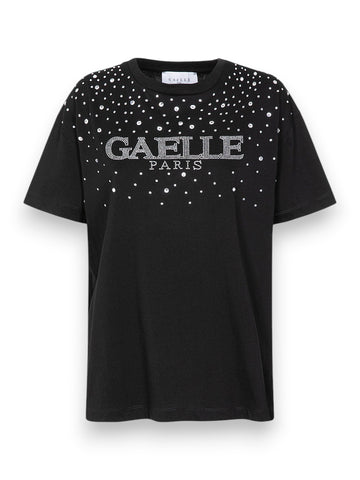 Gaelle T-Shirt Paricollo Mezza Manica In Jersey Con Pioggia Strass - T-Shirt Donna - Nero