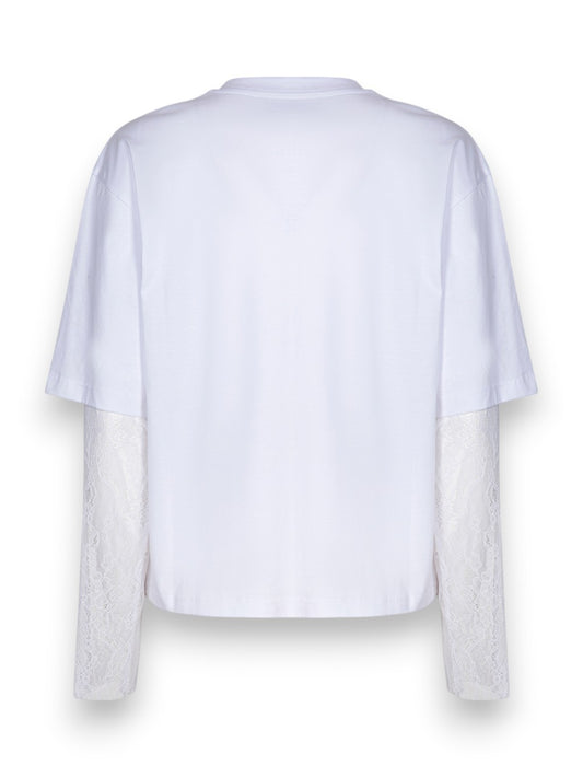 Gaelle T-shirt Paricollo Crop Con Manica Lunga In Pizzo - T-Shirt Donna - Bianco