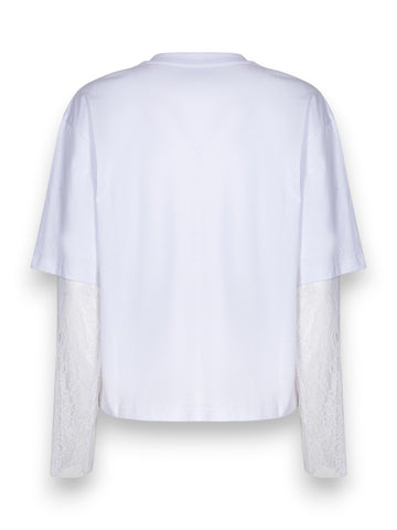 Gaelle T-shirt Paricollo Crop Con Manica Lunga In Pizzo - T-Shirt Donna - Bianco