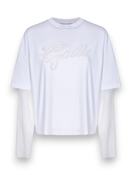 Gaelle T-shirt Paricollo Crop Con Manica Lunga In Pizzo - T-Shirt Donna - Bianco