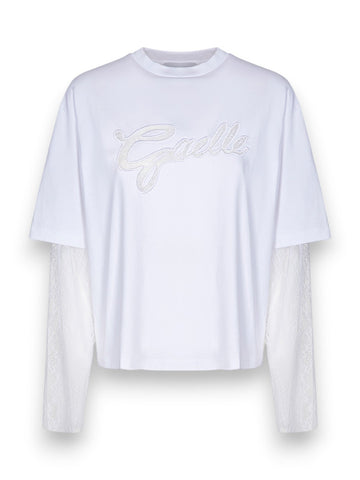 Gaelle T-shirt Paricollo Crop Con Manica Lunga In Pizzo - T-Shirt Donna - Bianco