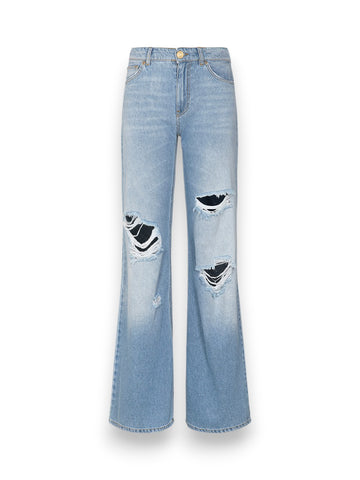 Gaelle Pantalone In Denim Wide Leg Regular Con Cintura Nappine - Pantaloni Donna - Blu