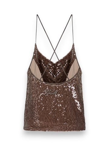 Gaelle Top A Bretelline Con Scollo A Cappuccio In Tessuto Paillettes - T-Shirt Donna - Moka