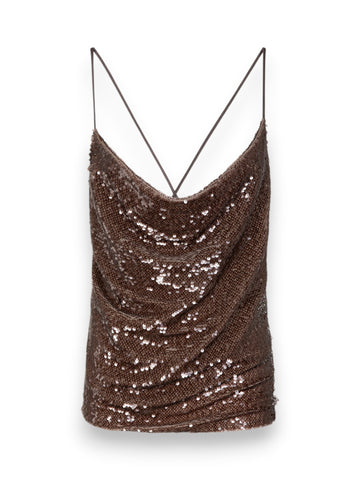 Gaelle Top A Bretelline Con Scollo A Cappuccio In Tessuto Paillettes - T-Shirt Donna - Moka