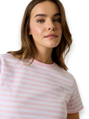 Guess Jeans Gj Ss Cn Reg Yd Striped Tee - Camicia Donna - Bianco/Rosa