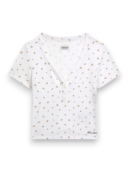 Guess Jeans Gj Pointelle Ss Henley Top - T-Shirt Donna - Bianco