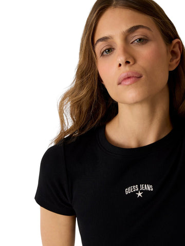 Guess Jeans Gj Ss Cn Rib Embro Tee - T-Shirt Donna - Nero