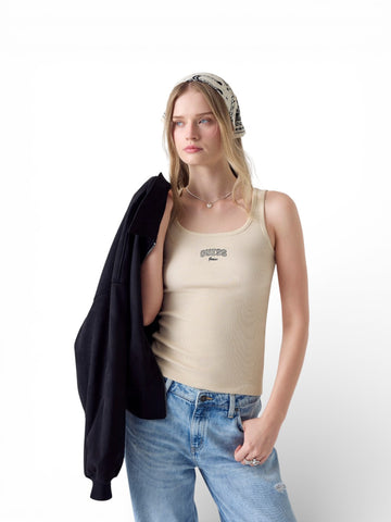 Guess Jeans Gj Tank Top Slim Rib Embro - T-Shirt Donna - Beige