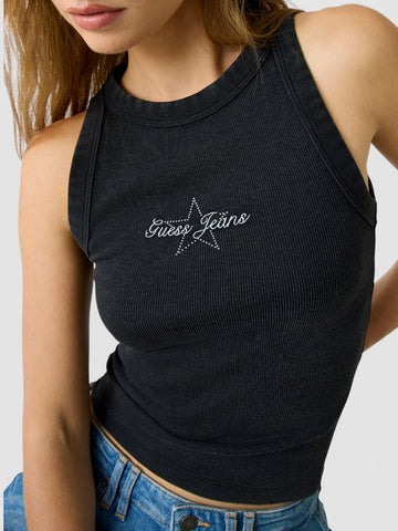 Guess Jeans Gj Patch Halter Tank Top Rib - T-Shirt Donna - Nero