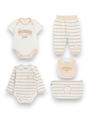 Guess Kids Set Ls Body+ss Body+pants+bib - Completo Bambino - Panna