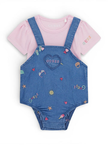 Guess Kids Set Ss Body+Chambray Romper - Completo Bambina - Rosa
