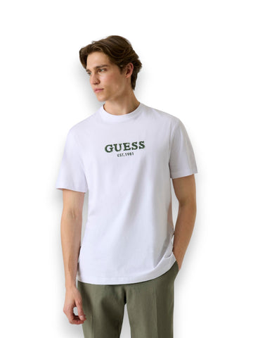 Guess Cn Ss Guess Logo Contrast Stit - T-Shirt Uomo - Bianco