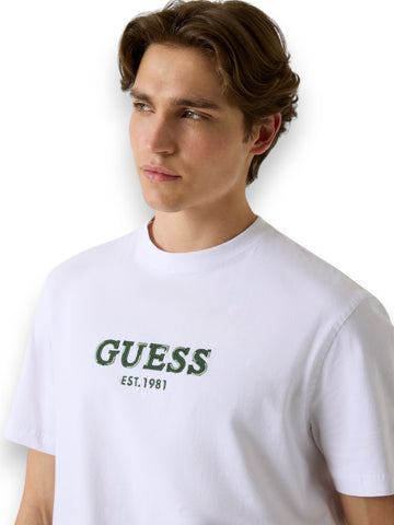 Guess Cn Ss Guess Logo Contrast Stit - T-Shirt Uomo - Bianco