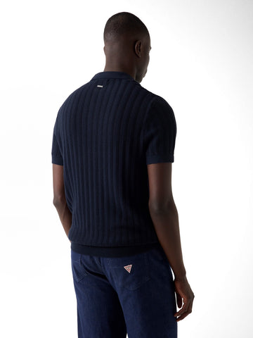 Guess Lonny Polo Ss Harringbone Stit - T-Shirt Uomo - Blu
