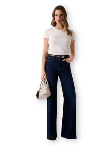Guess Cn Ss Logo Lace Tee - T-Shirt Donna - Panna