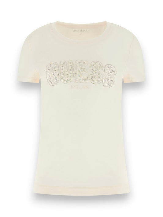 Guess Cn Ss Logo Lace Tee - T-Shirt Donna - Panna