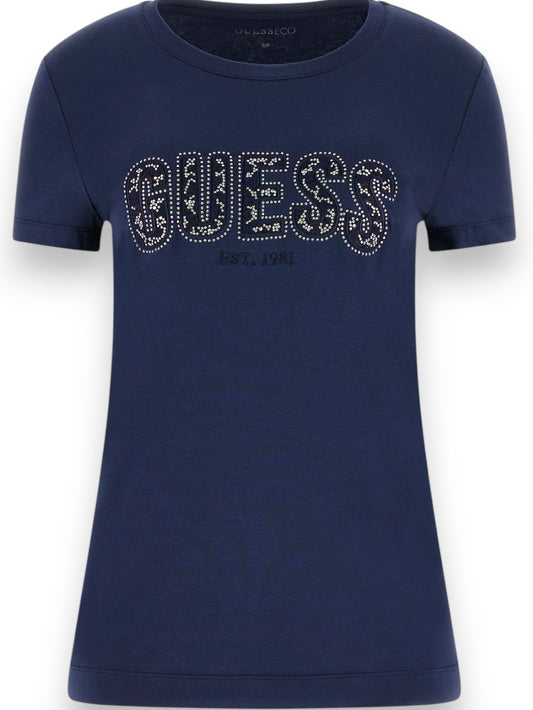 Guess Cn Ss Logo Lace Tee - T-Shirt Donna - Blu