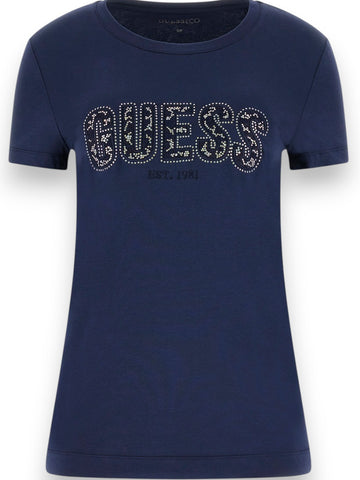 Guess Cn Ss Logo Lace Tee - T-Shirt Donna - Blu