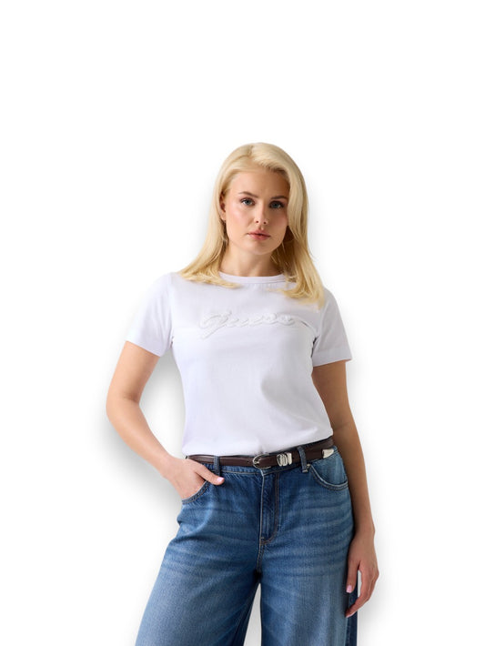 Guess Ss Cn 3d Guess Script Tee - T-Shirt Donna - Bianco