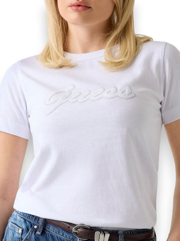 Guess Ss Cn 3d Guess Script Tee - T-Shirt Donna - Bianco
