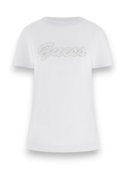 Guess Ss Cn 3d Guess Script Tee - T-Shirt Donna - Bianco