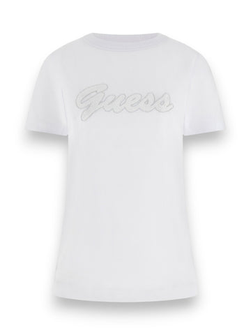 Guess Ss Cn 3d Guess Script Tee - T-Shirt Donna - Bianco