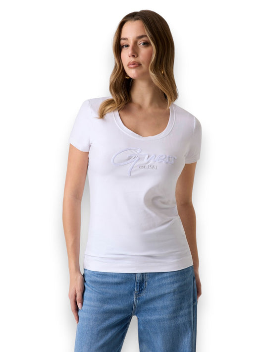 Guess Ss Cn Guess Script Tee - T-Shirt Donna - Bianco
