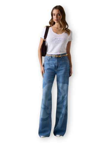 Guess Ss Cn Guess Script Tee - T-Shirt Donna - Bianco